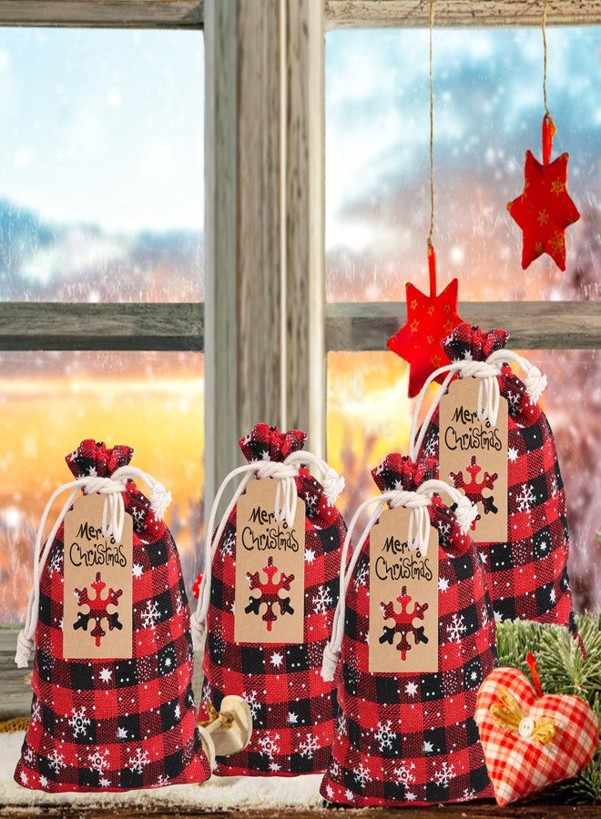 FOIMAS 24pcs Christmas Buffalo Plaid Drawstring Bag Xmas Snowflake Line Plaid Gift Treat Bags with Kraft Gift Tags for Christmas Gift Wrapping Party Favor Supply，Red - Image 4